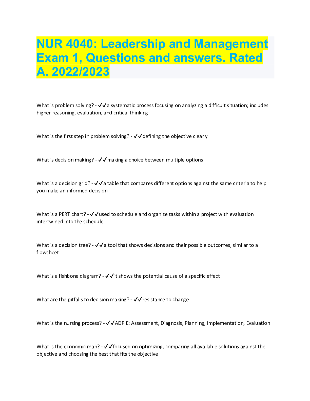 Preview image for NUR 4040: Leadership and Management Exam 1, Questions and answers. Rated A. 2022/2023